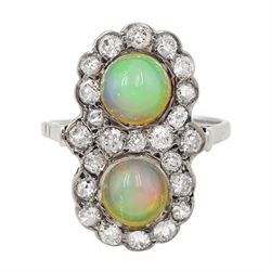 White gold two stone opal and old cut diamond dress ring, total opal wight 1.75 carat, total diamond weight 1.20 carat, with World Gemological Institute Report