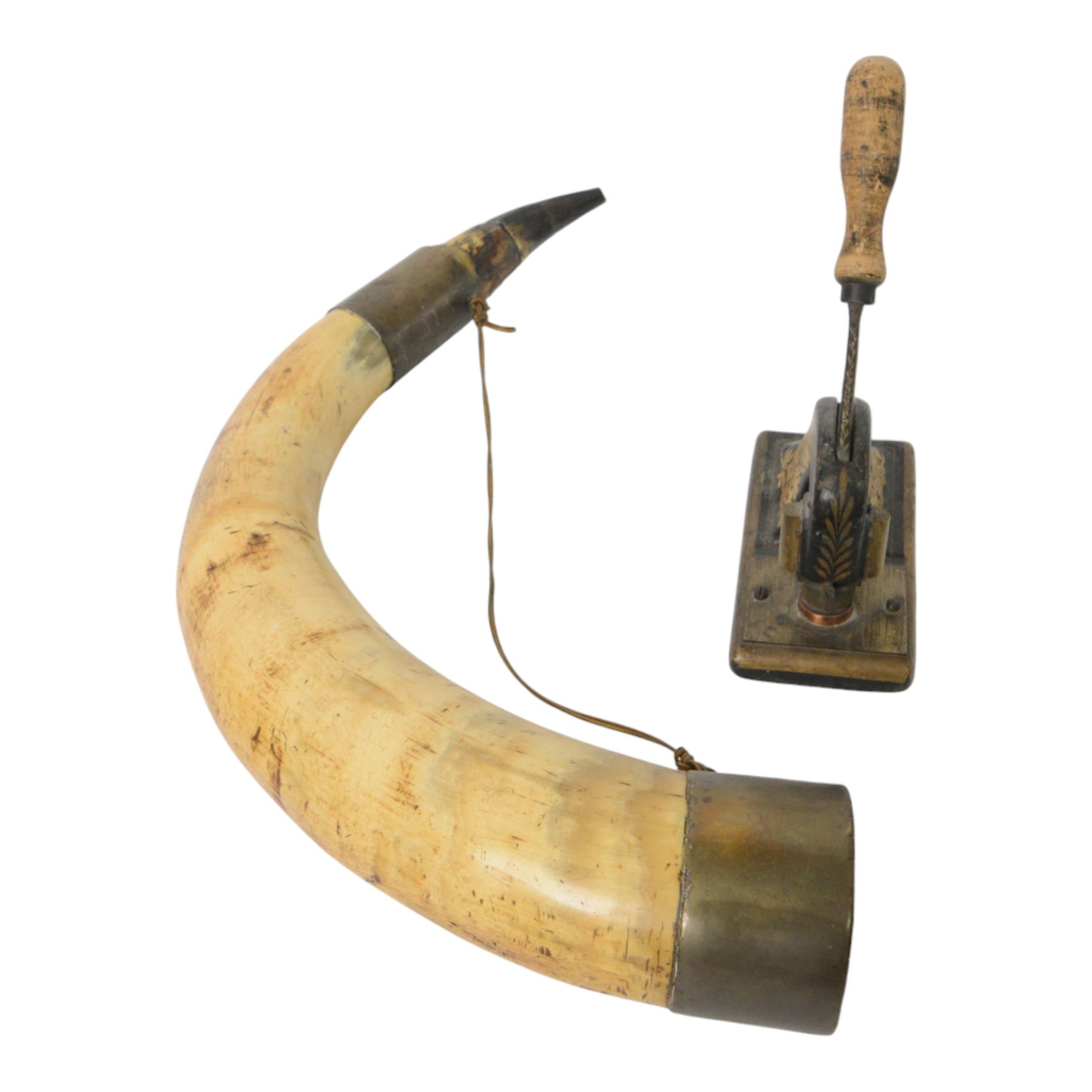 Victorian cast iron desk letter head seal or embosser, decorated in gilt with flowers, together with a mounted ox horn, approximately L59cm