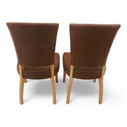 Contemporary oak dining suite, comprising rectangular table with solid top and square legs, together with four brown leather upholstered dining chairs with oak legs (5)