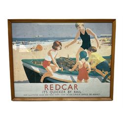 After Freda Marston, railway carriage print depicting Rievaux Abbey 15 x 41cm, green painted oak frame; and framed colour print of an LNER poster 'Redcar - It's Quicker by rail', stamped LNER verso, 42 x 55cm (2)