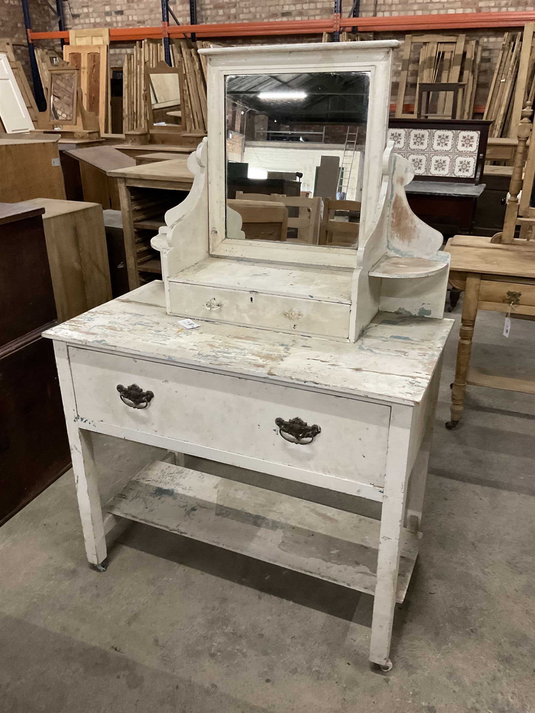 19th century rustic painted pine dressing table, raised swing mirror back over trinket drawer, base with single drawer over undertier, in white finish - THIS LOT IS TO BE COLLECTED BY APPOINTMENT FROM THE OLD BUFFER DEPOT, MELBOURNE PLACE, SOWERBY, THIRSK, YO7 1QY