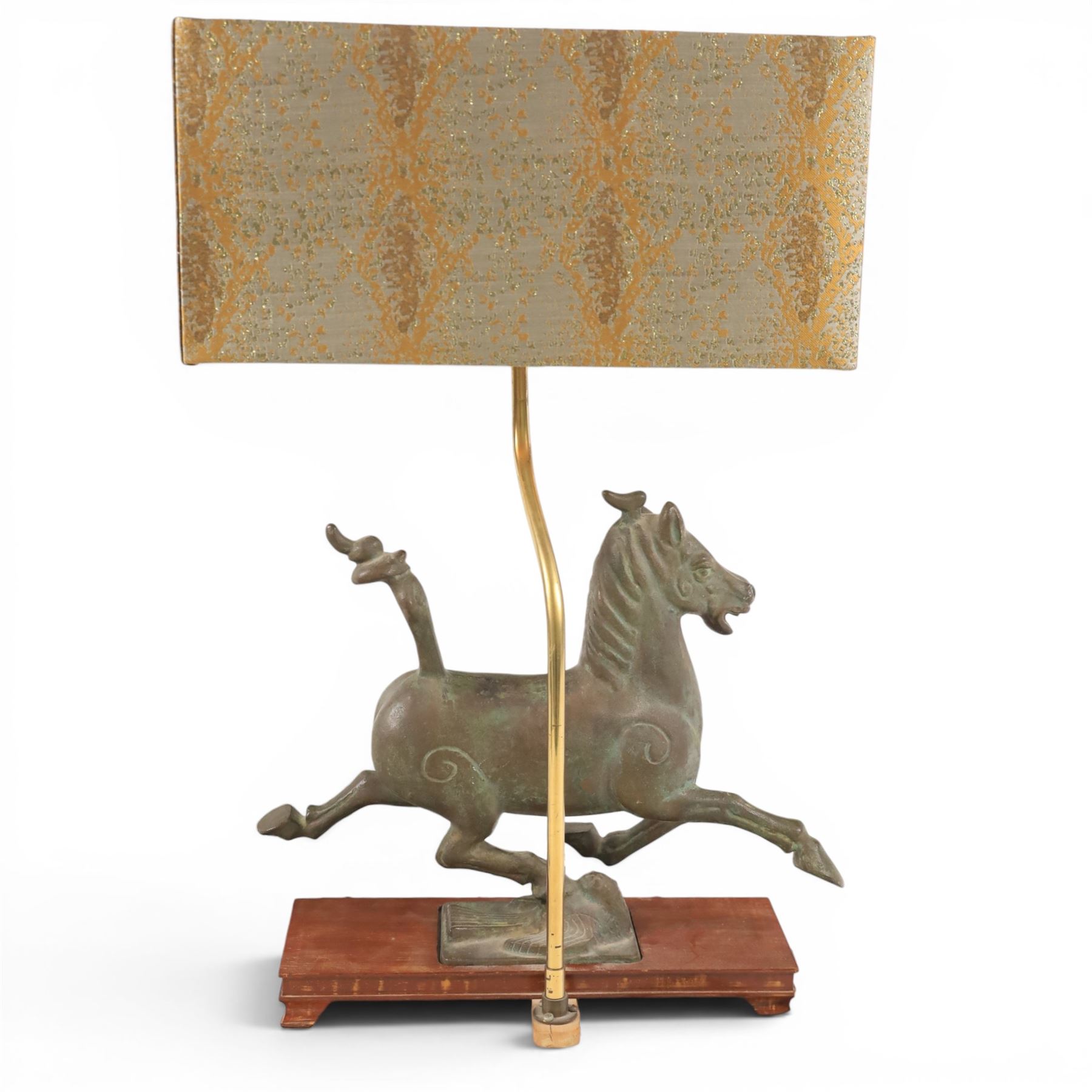 Table lamp, with bronze Tang horse upon the wooden base, H56cm with shade 