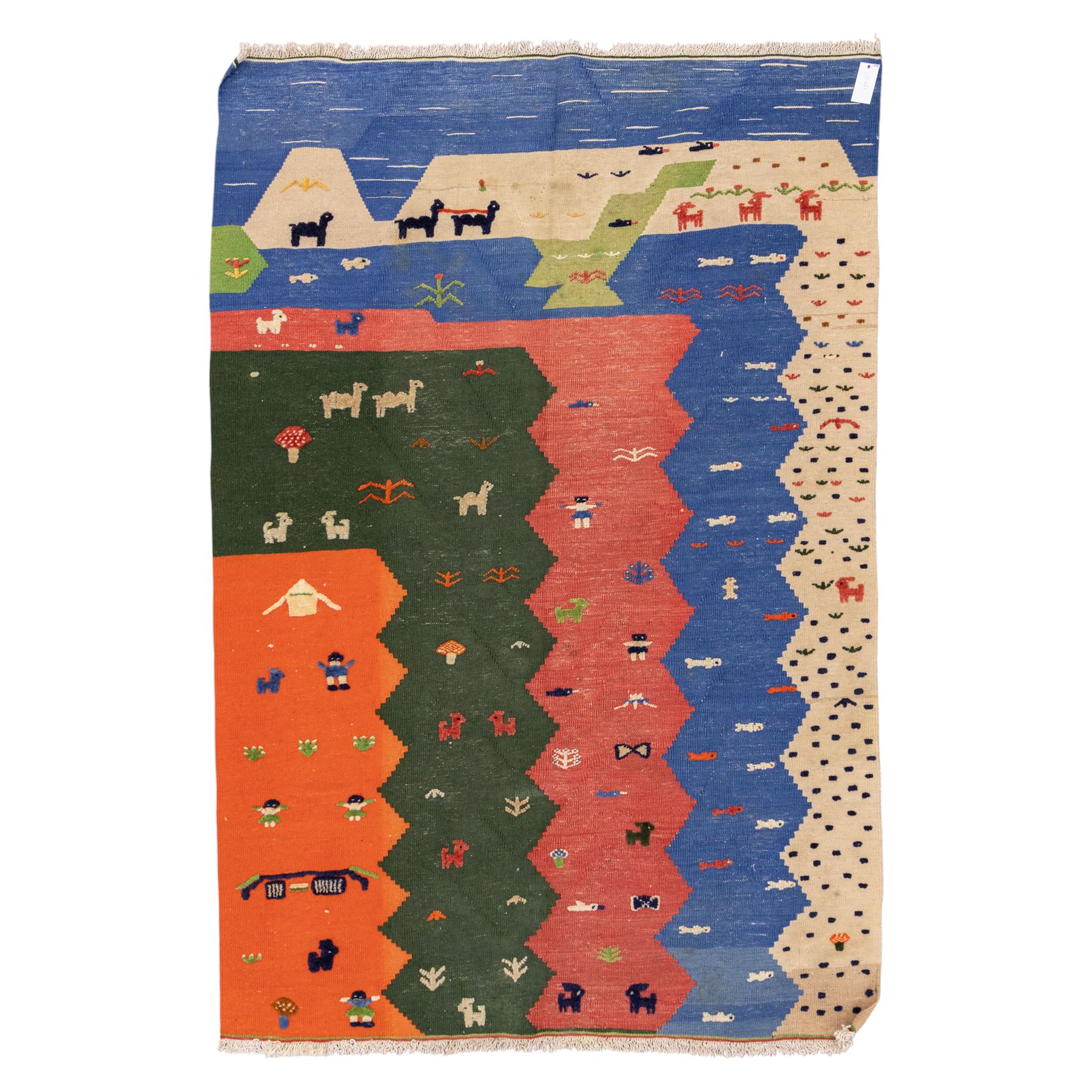 South West Persian Qahgai pictorial flatweave kilim, design arranged in a series of irregular vertical bands in shades of indigo, blue, madder red, pink, green, and ivory, each band filled with naïve pictorial and symbolic motifs of stylized human figures, sheep, goats, and birds