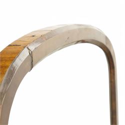 Early 19th century mahogany cheval dressing mirror, plain mirror plate within chamfered frame with arched top, on rolled horns and out-splayed rolled feet, united by turned stretcher 