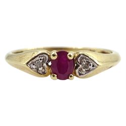 9ct gold ruby solitaire ring with diamond set shoulders, stamped 9K