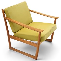  Peter Hvidt and Orla Molgaard-Nielsen for France & Sons - pair of Model FD-130 teak framed easy armchairs, with green upholstered loose cushions 