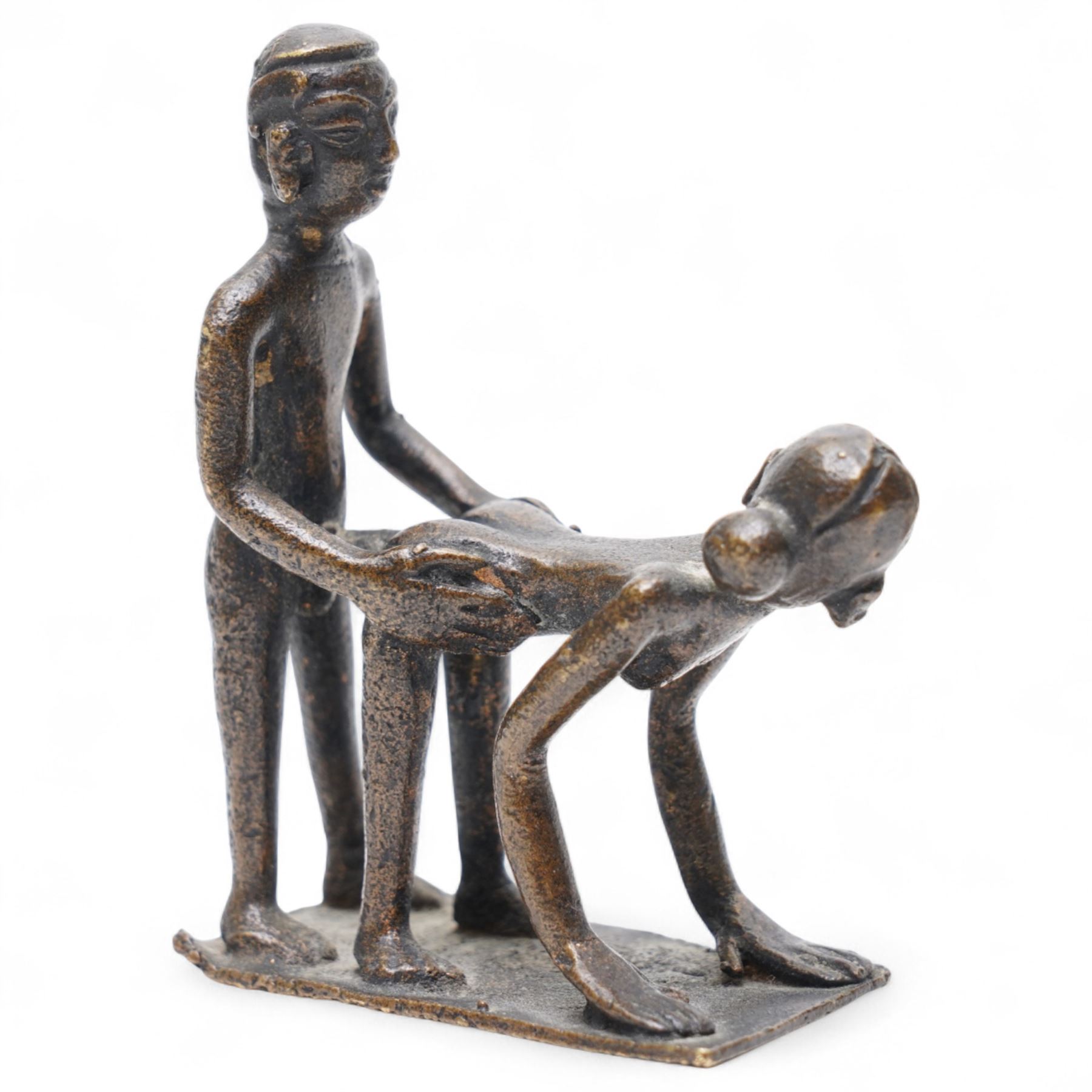 Three Indian school Kama Sutra style erotic bronze figures, H9cm