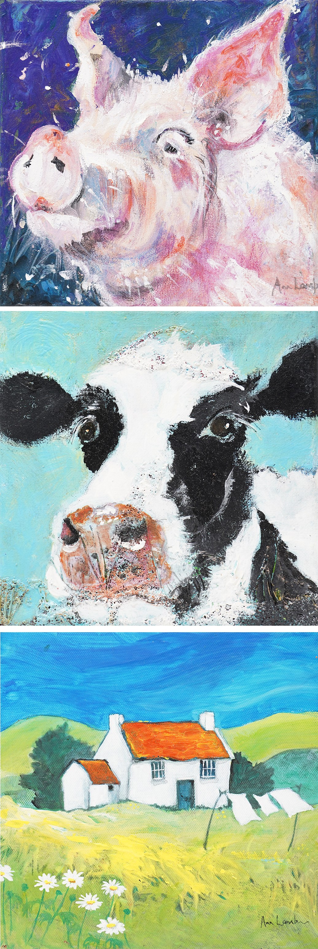 Ann Lamb (British 1955-): Cow, Pig and Rural Cottage, three mixed media signed 20cm x 20cm (3) (unframed)