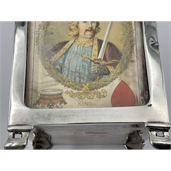 Edwardian silver mounted playing card case, hallmarked William Harrison Walter, Birmingham 1903, the sides each with a period playing card set behind a bevelled glass panel, the hinged cover with later engraving 'Presented to Norman T Crombie Esq by the officers & men of the 31st WR Detachment for services rendered 1917-1918', with red leather lined interior, the three compartments upon a sprung base and containing two later wooden Whist markers, case H12.5cm