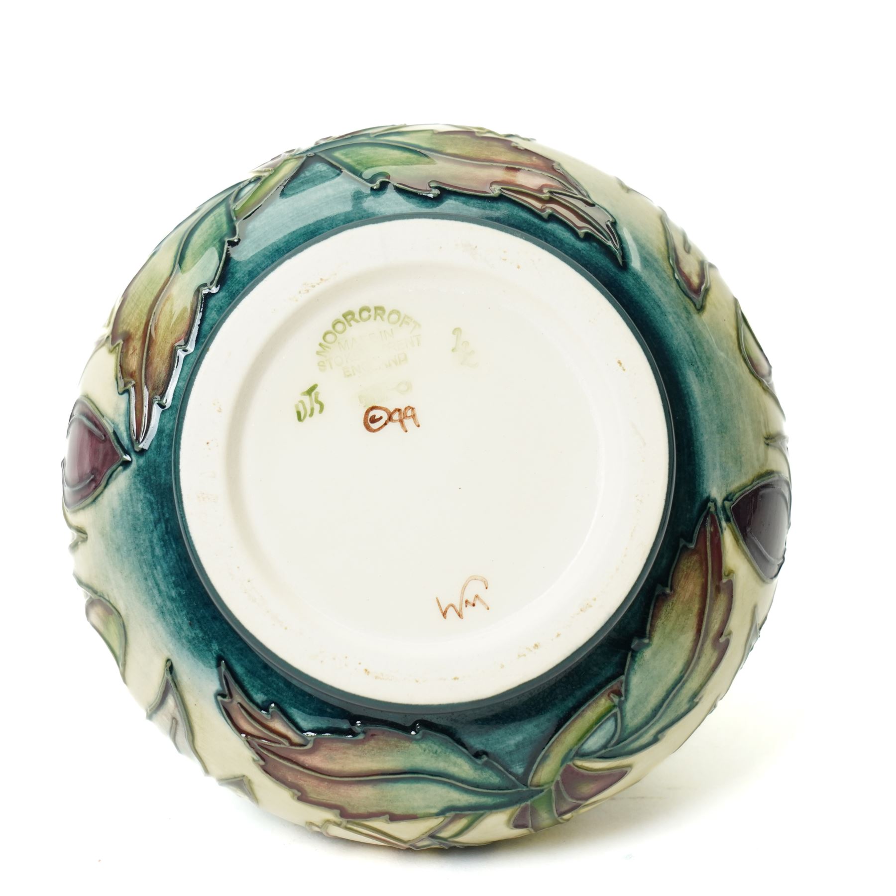 Moorcroft Hellebore pattern vase, of squat baluster form, with impressed and painted marks to base, in original box, H10.5cm 