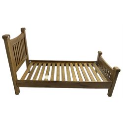 Contemporary solid light oak single bedstead, slatted headboard and footboard, raised on square supports