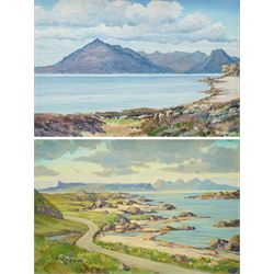 DE Bailey (Scottish 20th century): 'The Cuillins from Elgol Skye', oil on board signed 19cm x 27cm; William Russell (Scottish 20th century): 'Rhum Eigg', oil on board signed 16cm x 25cm (2)