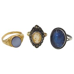 Victorian 15ct gold single stone agate ring, Birmingham 1862, silver butterfly ring by Thomas L Mott and a 9ct gold & silver marcasite cameo ring 