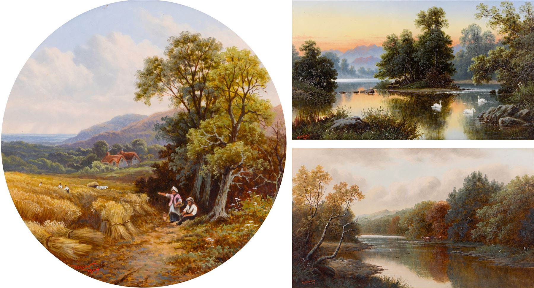 David Horatio Winder (Lancashire 1855-1933) Figures in the Cornfield, circular oil on board signed with initials and dated 1907, 30cm diameter; Maude Madelene Winder (Lancashire 1882 -1947): 'On the Dart - Devon' and 'Still Evening', pair oils on board signed and dated 1907; 35cm x 60cm, all in matching ornate gilt frames (3) 
Notes: Maude was the eldest child of David Horatio Winder and Alice Ashworth (1855-1919).