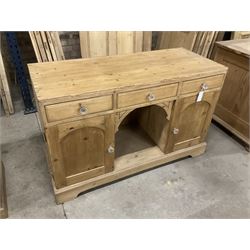Victorian pine dresser base, rectangular top over three drawers and two panelled cupboards, on skirted base - THIS LOT IS TO BE COLLECTED BY APPOINTMENT FROM THE OLD BUFFER DEPOT, MELBOURNE PLACE, SOWERBY, THIRSK, YO7 1QY