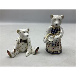 Four Royal Crown Derby teddy paperweights, comprising Teddy Cook, two Teddy George and Seated Teddy, all without stoppers, together with Crown Namestake with gold stopper 