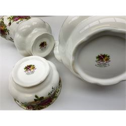 Royal Albert Old Country Roses pattern tea service for six place settings, comprising teacups and saucers, dinner plates, teapot, jug and sucrier, 