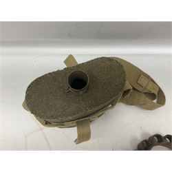 Mundial Brazil bowie knife, the 15.5cm steel blade inscribed 'Sheriff Knife', with banded and aluminium hilt; in leather sheath L29cm overall; British Army felt covered metal water bottle with webbing strap; leather 12-bore cartridge belt; and small pair of non-military binoculars in part case (4)