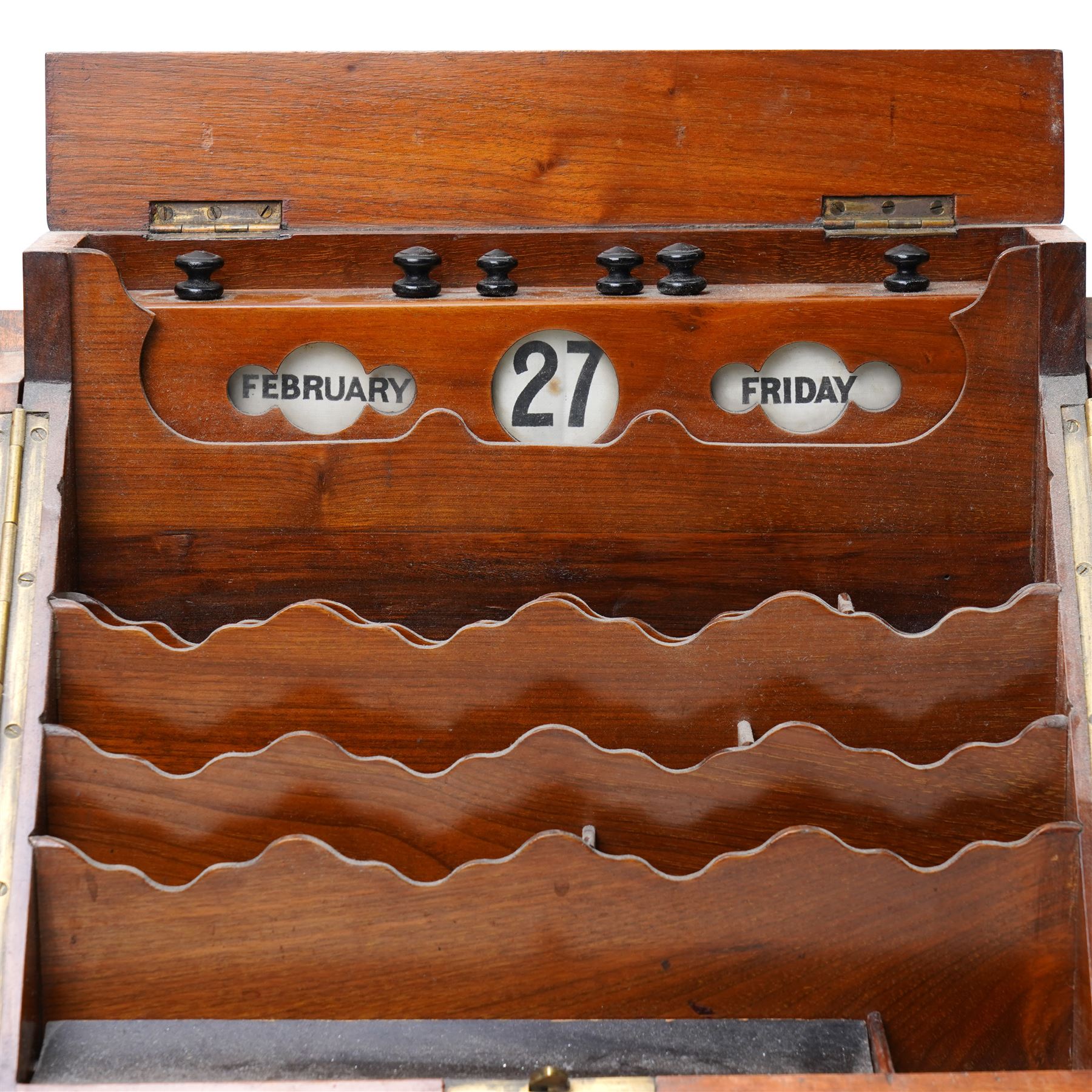 Edwardian walnut stationery casket, the dividing doors revealing a fitted interior with stationery racks and perpetual calendar, single drawer under W30cm