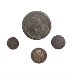 George IV 1821 silver shilling coin, George III 1797 'cartwheel' twopence, Decentius coin, and Constantius II coin (4)