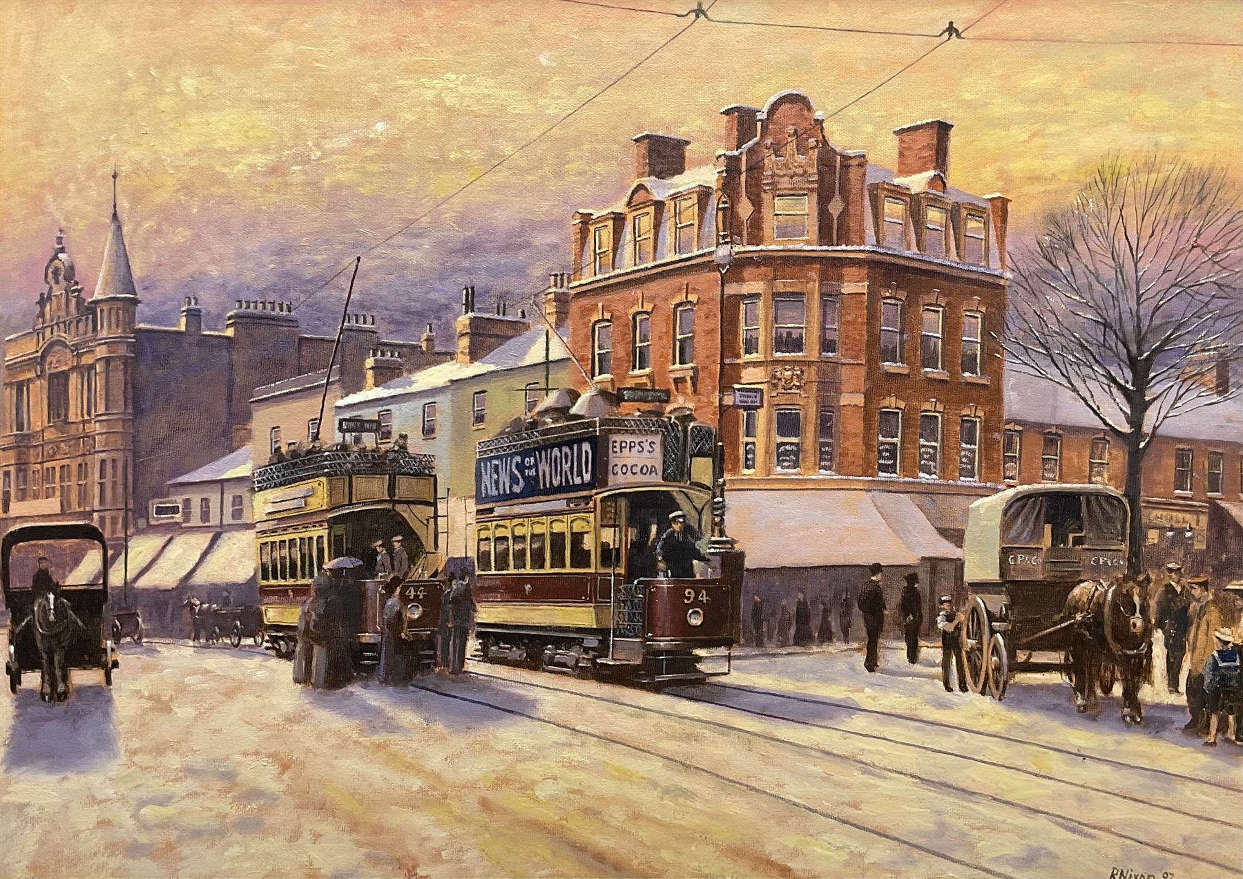 Robert Nixon (British 1955-): Tramway in the Snow, oil on canvas board signed and dated '97, 43cm x 60cm