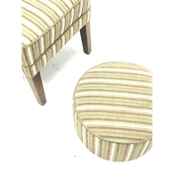 Beech framed nursing chair upholstered in buttoned green striped fabric with matching circular footstool