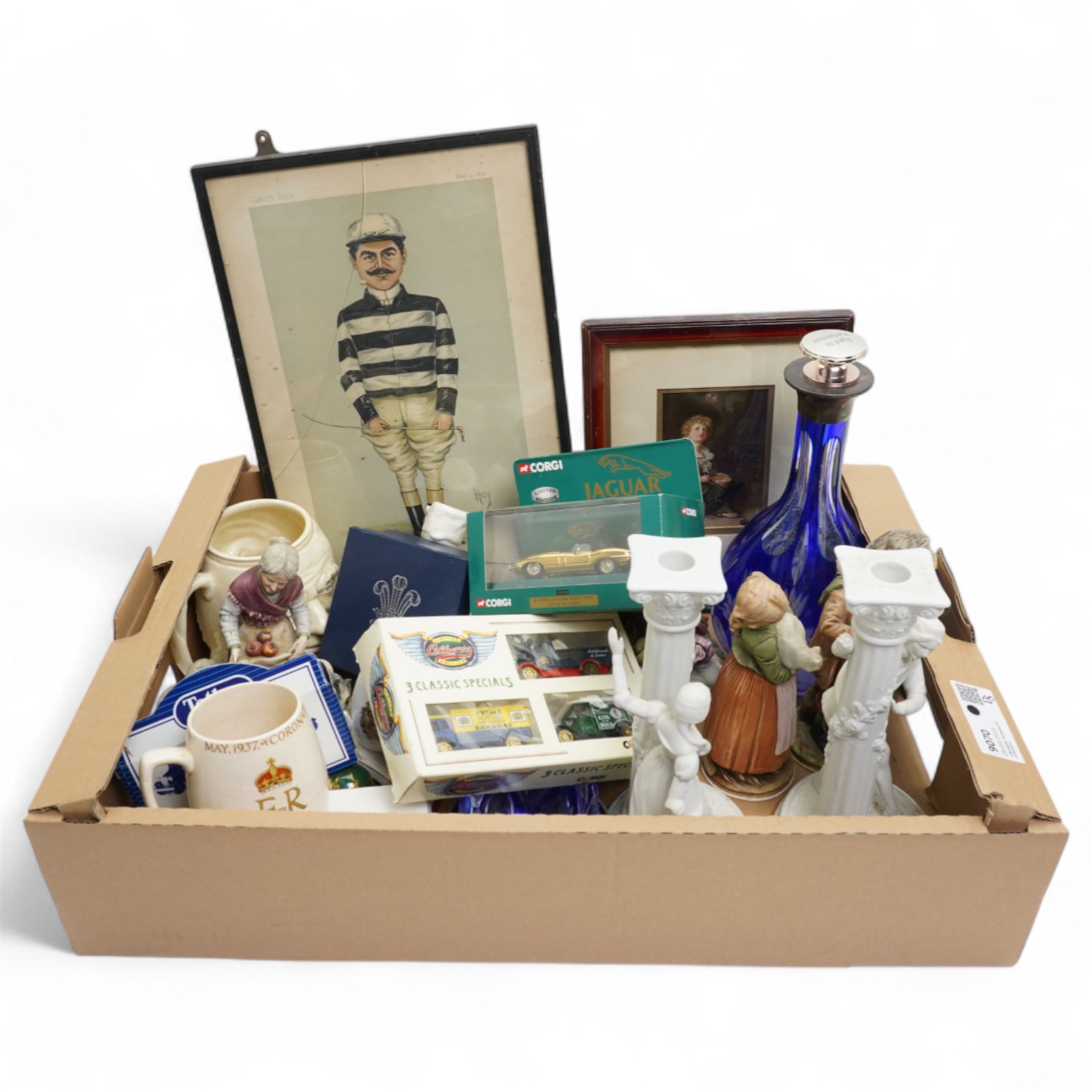Franklin Mint Romeo and Juliet candlesticks, together with a collection of glass, model cars, bisque figures etc