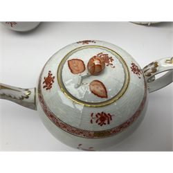 Herend Chinese Bouquet Rose pattern tea service comprising teapot, coffee pot, open sucrier, six cups and saucers, six tea plates, cream jug and stand, milk jug, two teabag holders, preserve pot, two leaf shaped dishes, four egg cups, salt & pepper pots, pair side plates and another plate