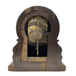 John Moore & Sons of Clerkenwell, London- late 19th century 8-day twin fusee mantle clock in a rosewood circular drum case raised on an ogee scroll support and broad plinth, rear door with silk backed fretwork (detached),  8