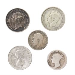 Two Queen Victoria silver one crown coins, 1889 and 1890, George III 1817 silver half crown, King George V 1935 silver half crown, and seven further coins