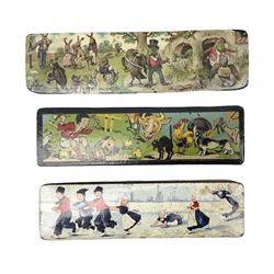 Three early 20th century papier-mâché pencil boxes, each of rectangular form, the hinged covers decorated with transfer printed scenes depicting nursery rhyme type scenes, L20cm
