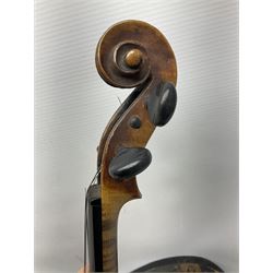 German copy of a Maggini violin c1900 with 35.5cm two-piece maple back and ribs and spruce top, bears label 'Maggini Deutsche Arbeit 1866' L59cm; in carrying case with bow