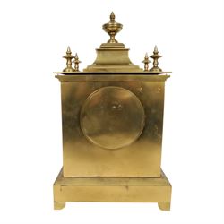 French gilt-bronze and porcelain mantel clock, architectural case surmounted by a stepped pediment with central urn finial and four subsidiary finials above two fluted Corinthian-style pilasters, the entire front inset with shaped porcelain panel incorporating a circular dial and numerals decorated with birds among flowering branches and two winding apertures and pierced brass hands, above a leaf and scroll cast frieze, raised on bracket feet, with an eight-day movement stamped 'AD MOUGIN Deux Medailles' striking the hours and half-hours on a coiled gong, with pendulum, circa 1900