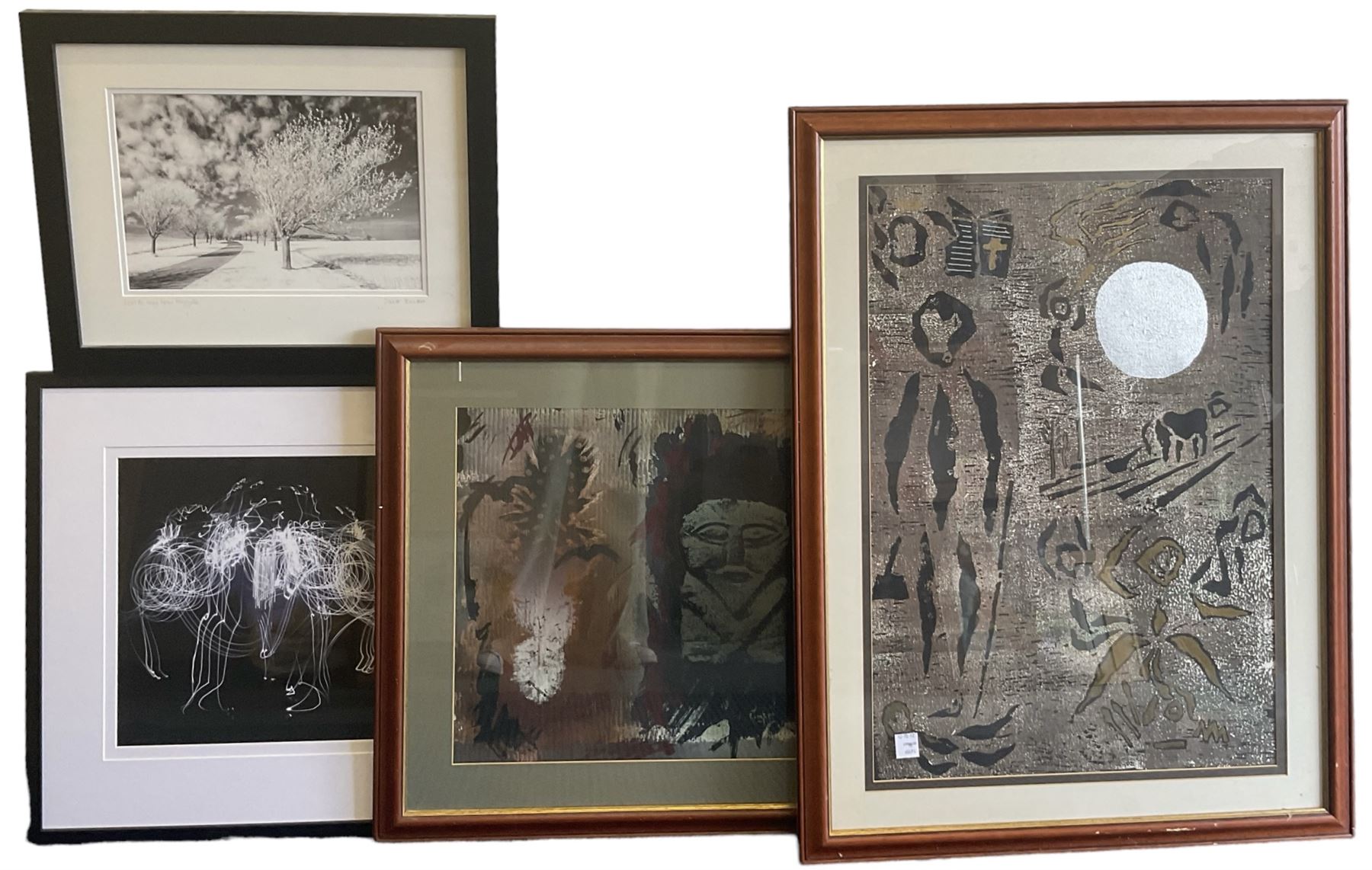 N Miller (British 20th Century): Snowy Mountains, oil pastel signed and dated '78 together with a watercolour by Tom McAndrew and another similar indistinctly signed; Mixed media caveman-style work together with an abstract print and Chris Flinton and Janet Burdon photographs; 'After Tapio Wirkkala: ‘Arabia', large Royal Academy poster (8)