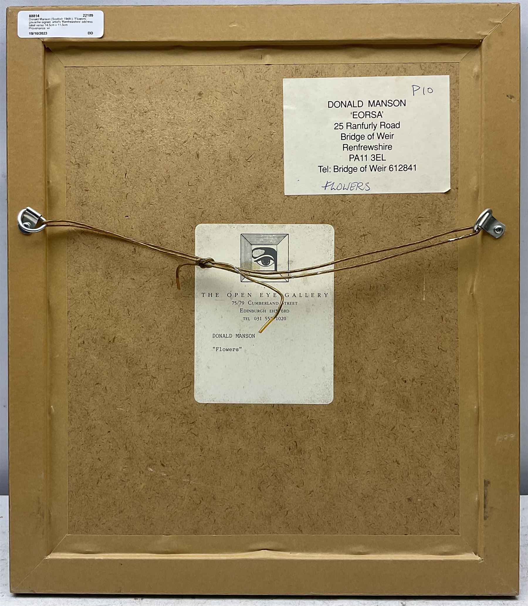 Donald Manson (Scottish 1948-): 'Flowers', gouache signed, artist's 'Renfrewshire' address label verso 14.5cm x 11.5cm
Provenance: with The Open Eye Gallery, Edinburgh, label verso 