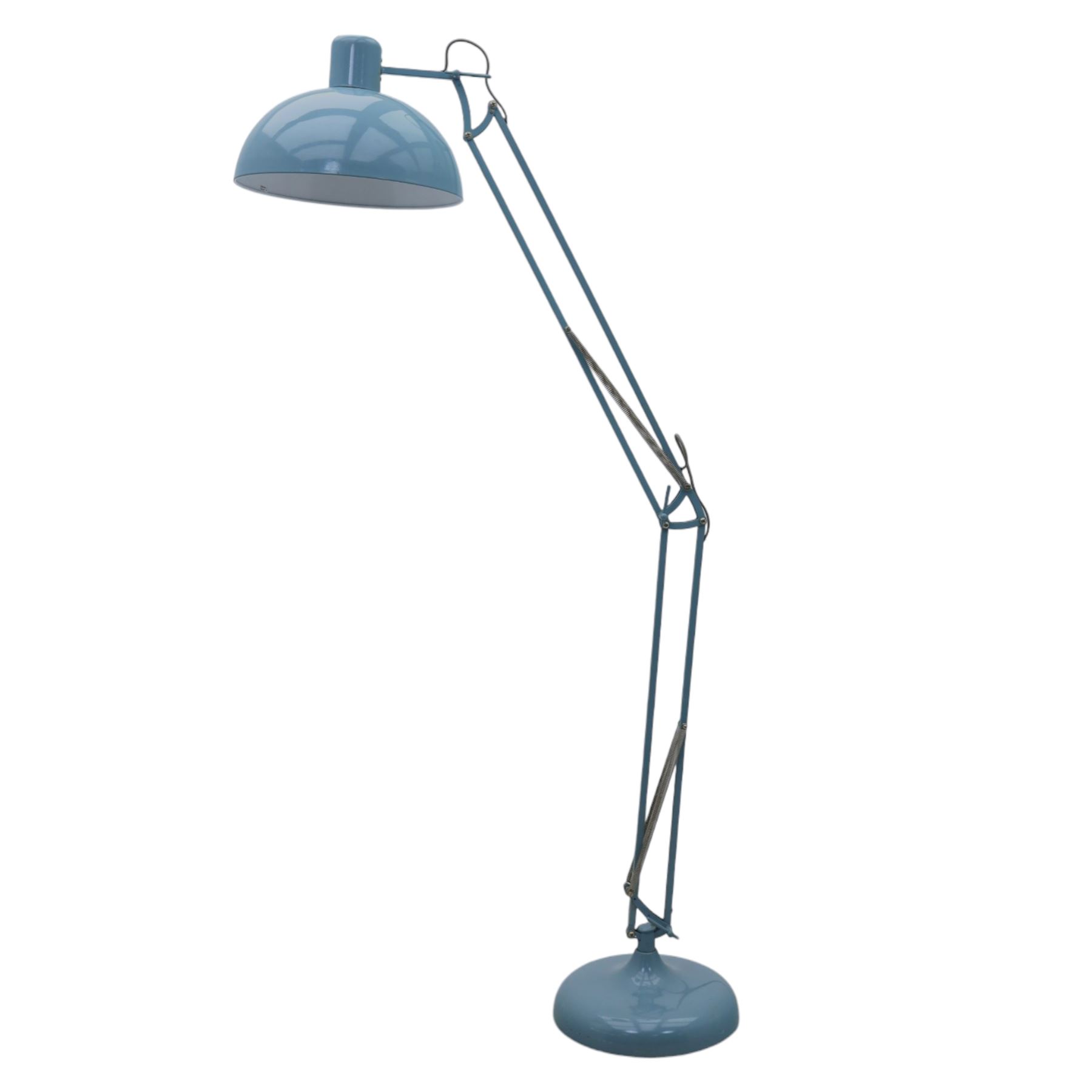 Contemporary pale blue floor lamp, in the manner of Anglepoise, counter balance sprung arm, light grey cord with a weighted base 