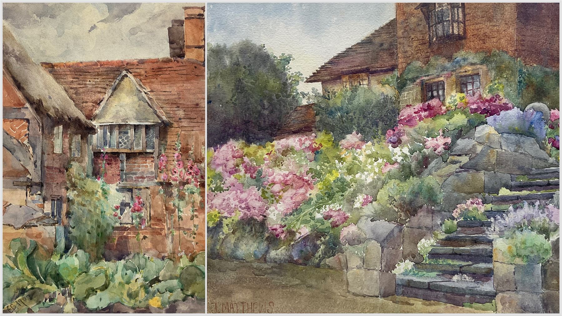 Ellen Connolly (British fl. 1880-1885) and James Matthews (British 19th Century): Garden Scenes, two watercolours signed, one dated 1902 max 20cm x 28cm (2)