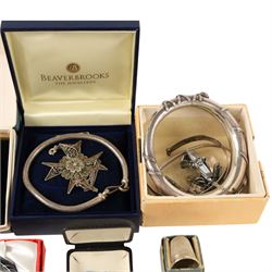 Silver jewellery, including bangles, heart locket, fob, silver thimble, costume jewellery and four loose stones