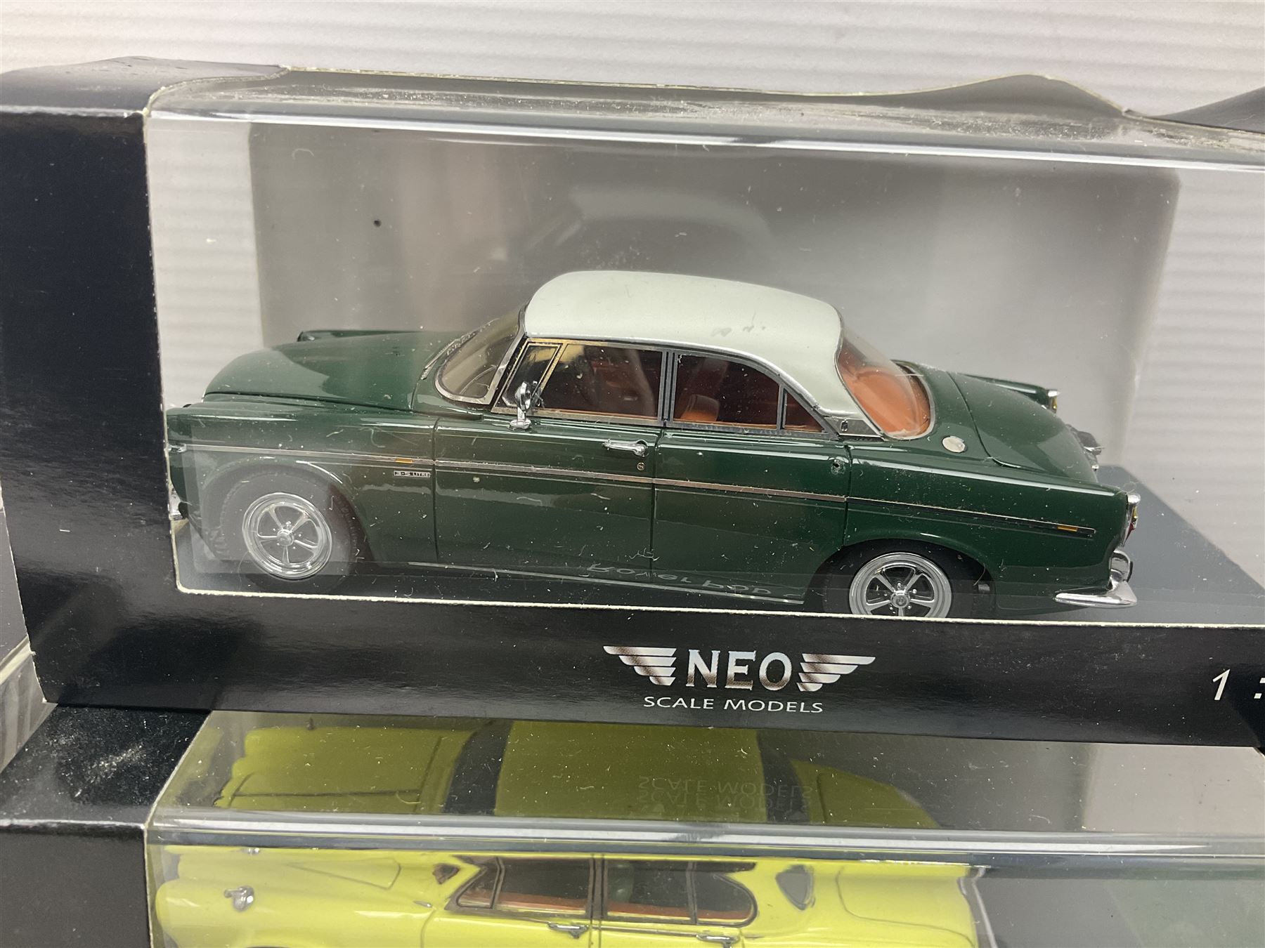 Nine Neo Scale Models 1:43 scale die-cast models including Daimler Majestic major, S&S Landau Hearse, Lagonda 3-litre 1955, Rover P4 Seventy-five, Jaguar 420Rover P5b Coupe etc; some boxed (9)