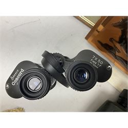 Three pairs of binoculars to include Enbeeco Concord and Bresser, Palestine police patch, framed pictures etc