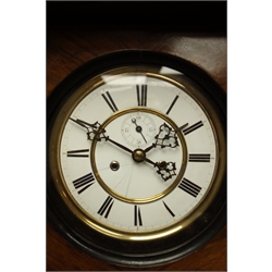  Late 19th century Vienna regulator wall clock, walnut and ebonised case, white enamel Roman dial with subsidiary seconds dial, twin train movement striking the hours and half on coil, H132cm  