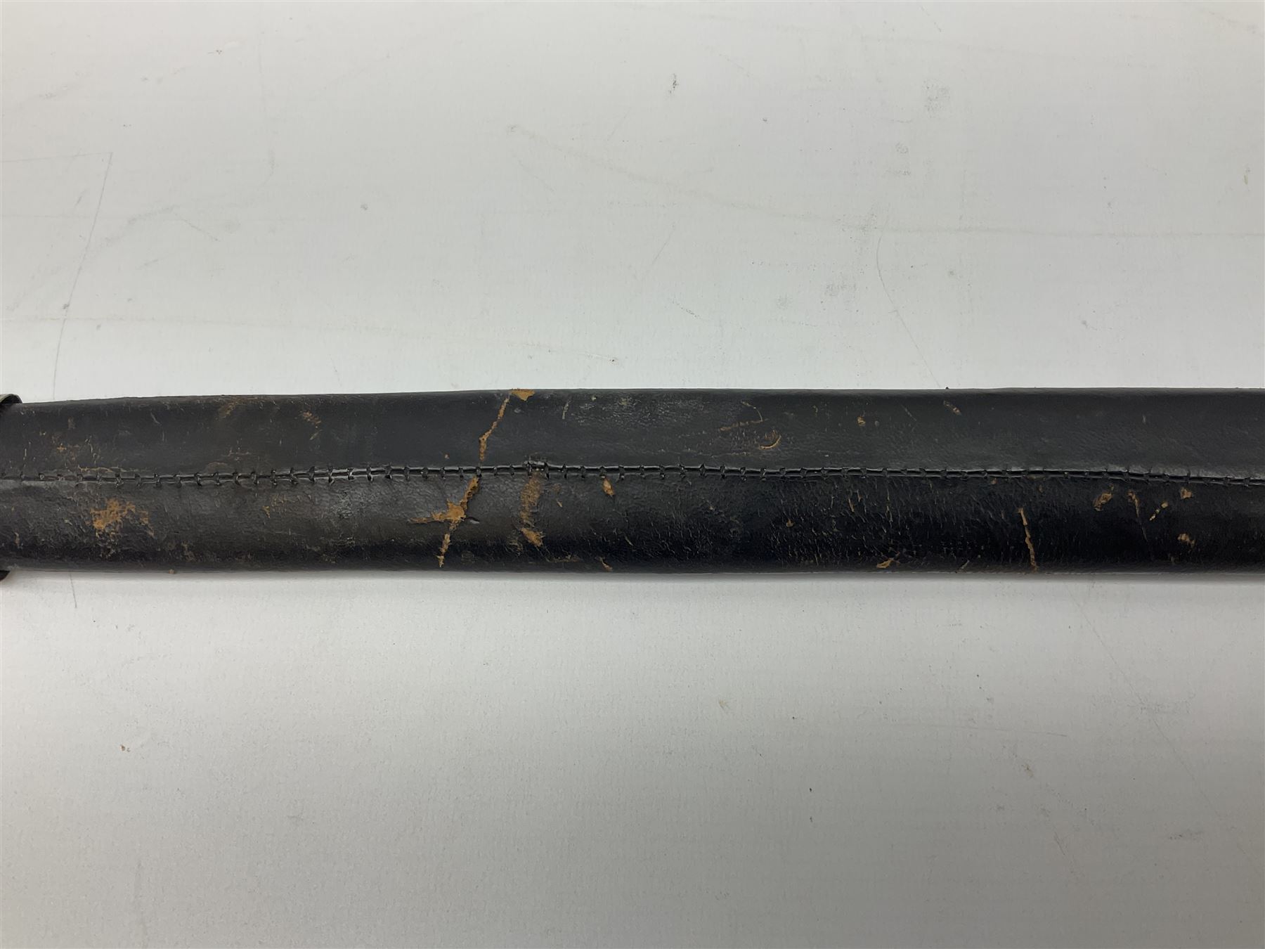 Reproduction Scottish basket hilted broadsword with 85cm double edged steel blade and red lined basket hilt with wire bound grip, in white metal mounted leather scabbard 107cm overall