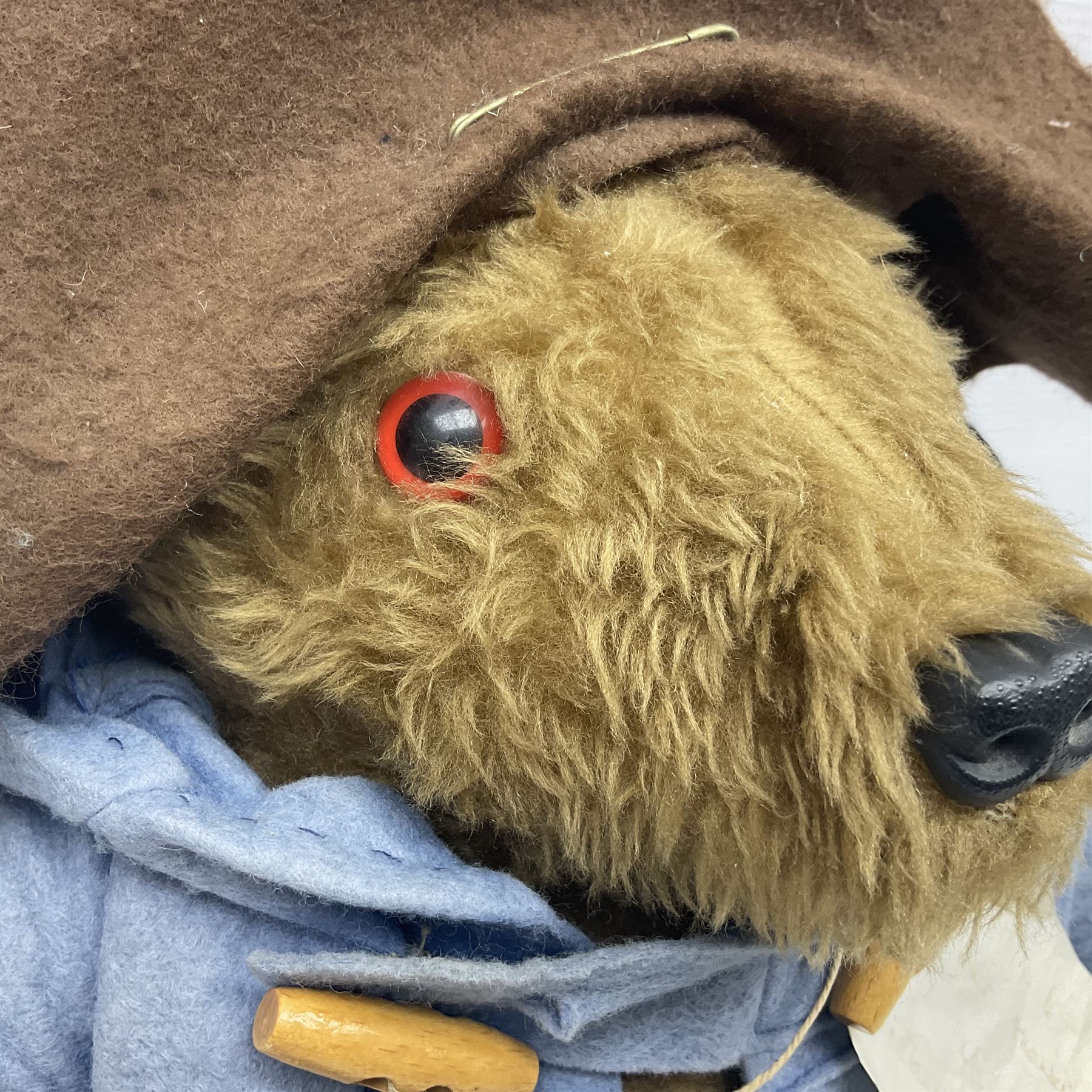 Paddington Bear with plush covered body, brown felt hat, pale blue duffle coat and blue wellingtons H54cm
