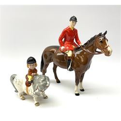 A Beswick equestrian figure modelled as a huntsman on bay horse, with printed mark beneath, together with a Beswick Norman Thelwell figure of a pony and rider, with printed mark beneath  