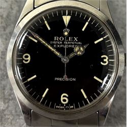 Rolex Oyster Perpetual Explorer Precision gentleman's automatic wristwatch, circa 1967, Ref. 5500, serial No. 1737240, gloss black dial with luminous baton hour markers, Arabic quarters, Mercedes hands with luminous inserts, on Rolex Oyster stainless steel strap with fold-over clasp