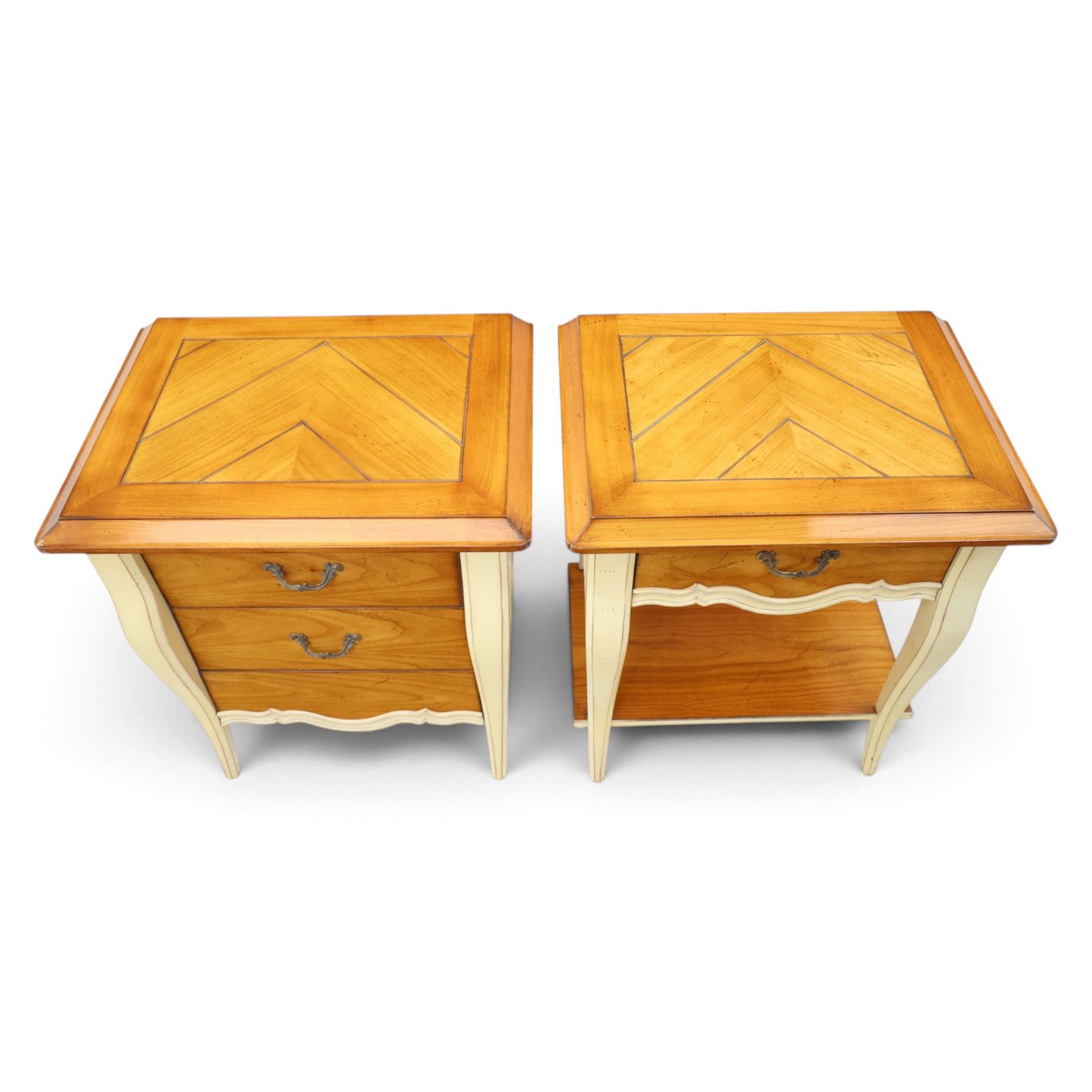 AM Classic - Louis XV design cherrywood bedside chests, one with three drawers and one with one drawer and full length undertier, shaped white supports