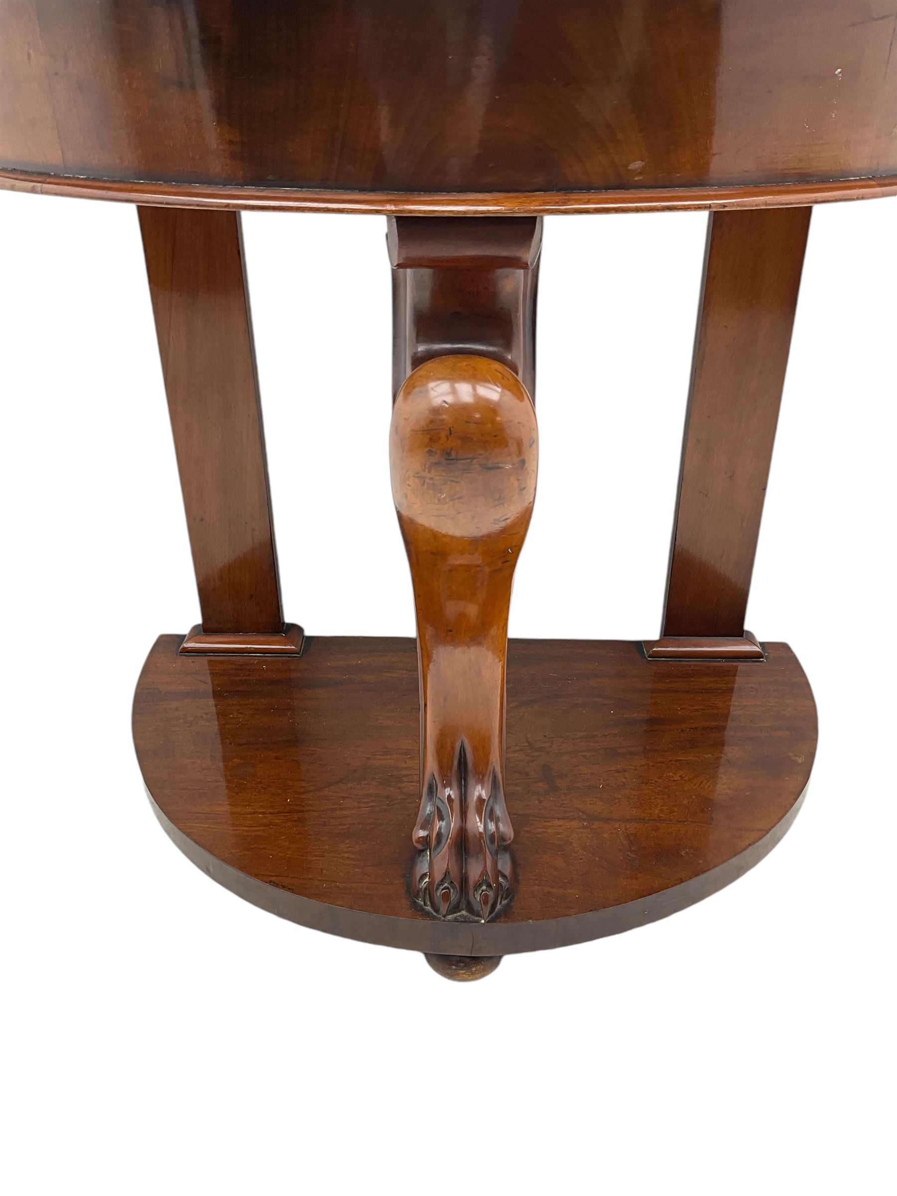 Victorian mahogany and marble demi-lune console table, moulded white and grey veined marble top, on cabriole support carved with paw, demi-lune undertier over compressed bun feet 