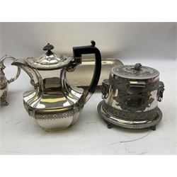 Early 20th century hallmarked silver trumpet vase stamped J & R Griffin (Joseph & Richard Griffin), Chester 1917, with weighted base, together with a 19th century silver-plate biscuit barrel by JK&Co, ornately engraved throughout, John Round & Son silver plated twin handled cup, and other silver plated and other metal ware to include ornate teapots, tray etc