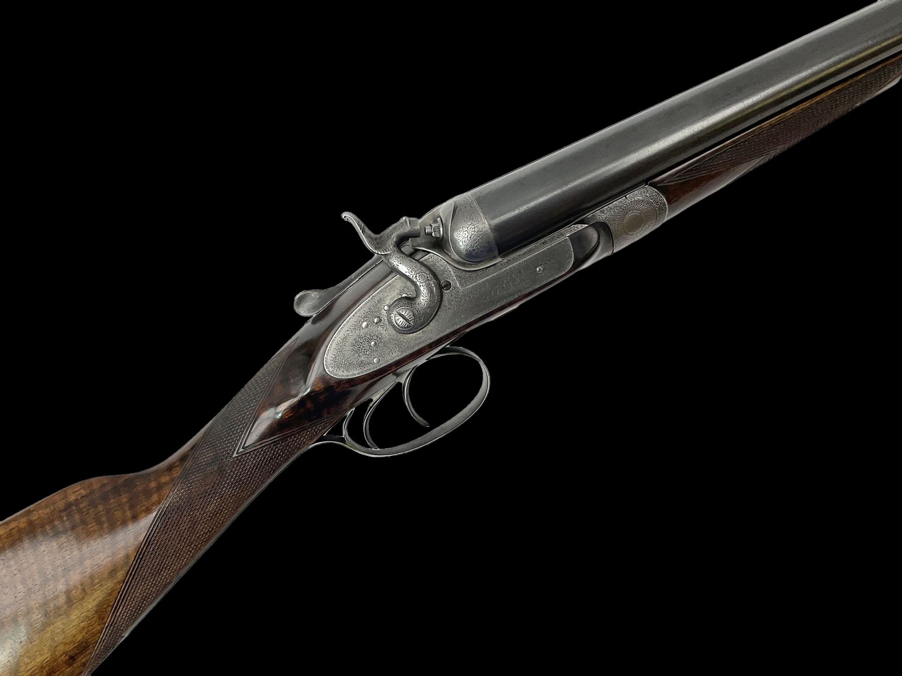 19th century Purdey 12-bore side-by-side double barrel black powder hammer gun, 76cm cylinder bored un-choked barrels with 2.5