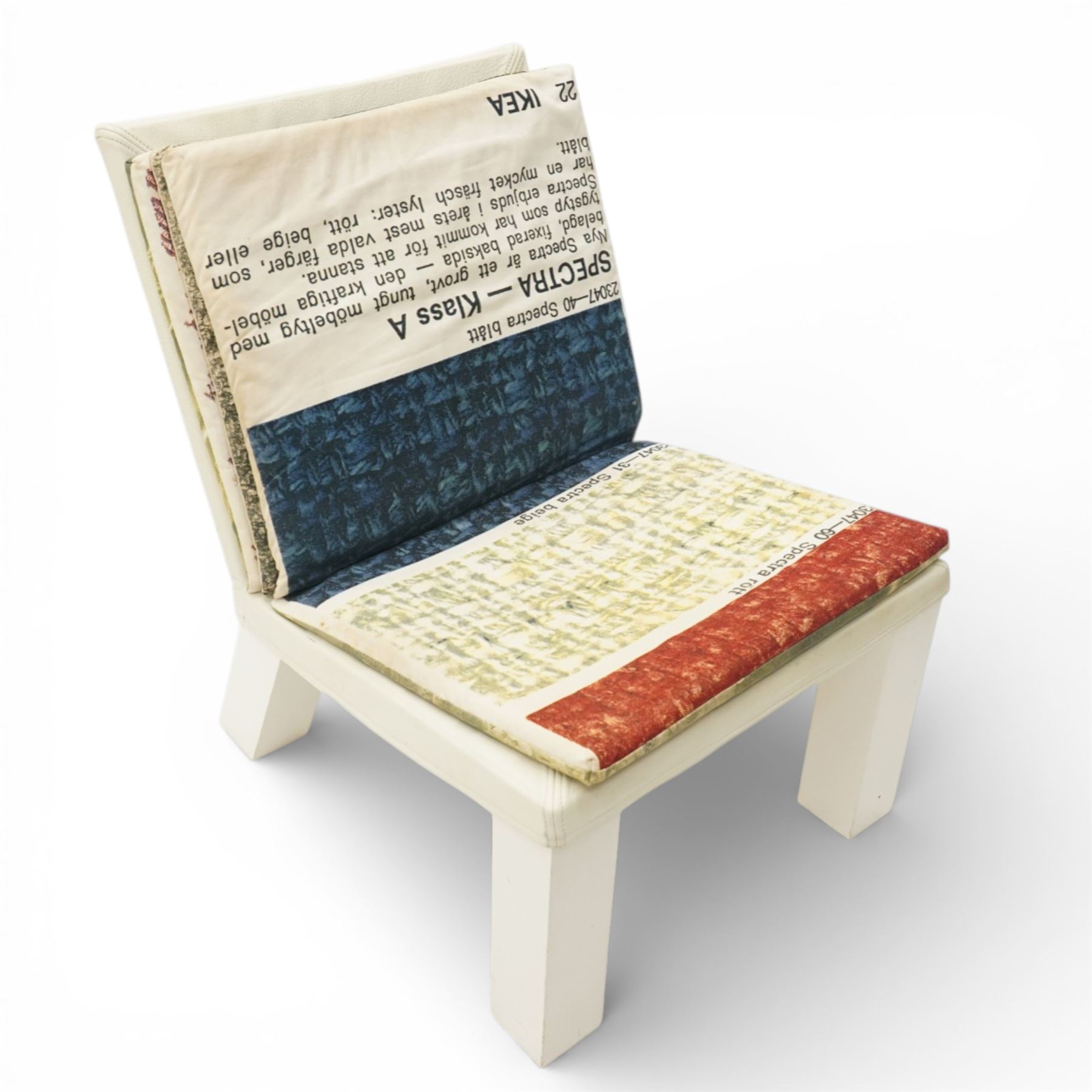 IKEA - ‘Selma’ chair designed by Front in 2009, the shaped wooden frame with white leather back and trim, fitted with cotton cushions with four interchangeable prints inspired by Swedish textile history